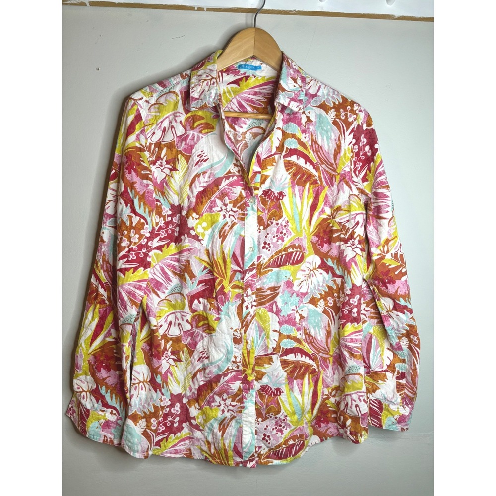 J McLaughlin Tropical Floral Button Down Shirt Pink Orange Womens M